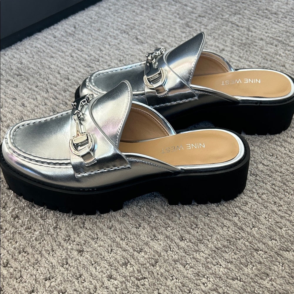 Nine West Silver Mules with Black Soles